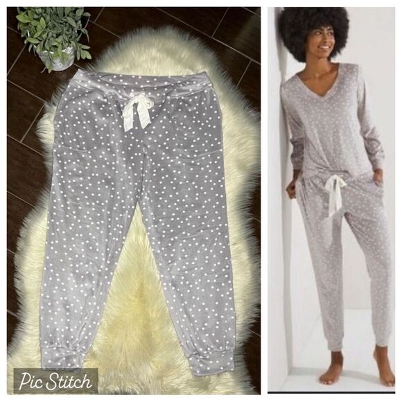 SOMAWKND Sunday Velour Lounge grey and white polka dots pants sz medium - Picture 1 of 10